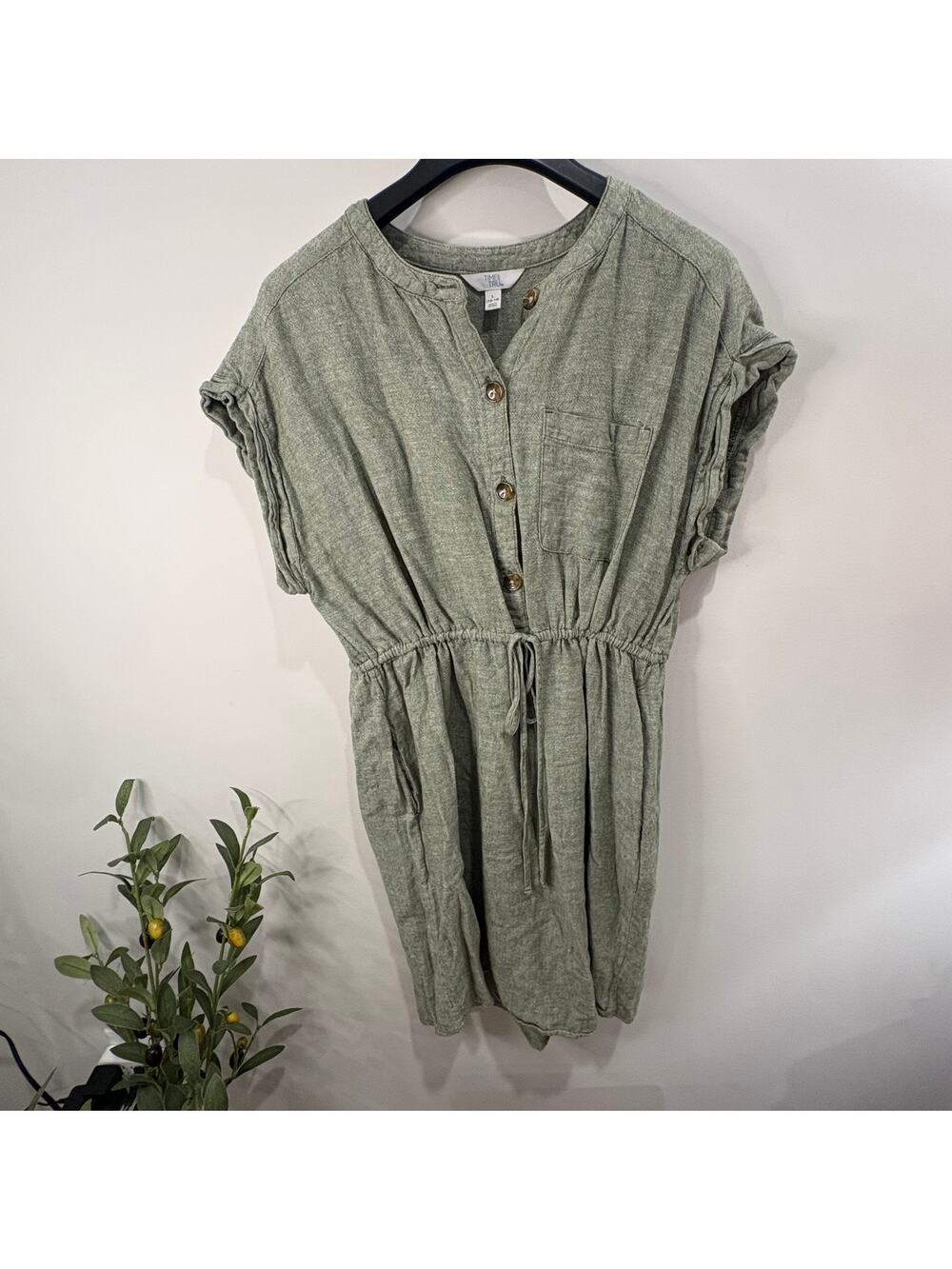 Time & Tru Sage Green Linen Blend Tie Waist Dress Large